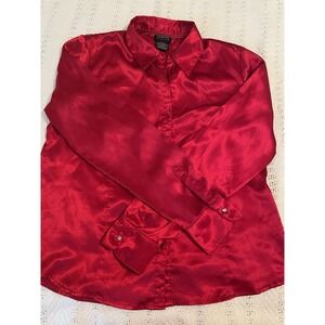 George Blouse Red Satin top Large long sleeves collared Holiday jewel buttons